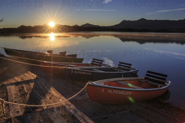 Rowing boats, sunrise, lake, mountains reflected in water, Staffelsee, Murnau, foothills of the