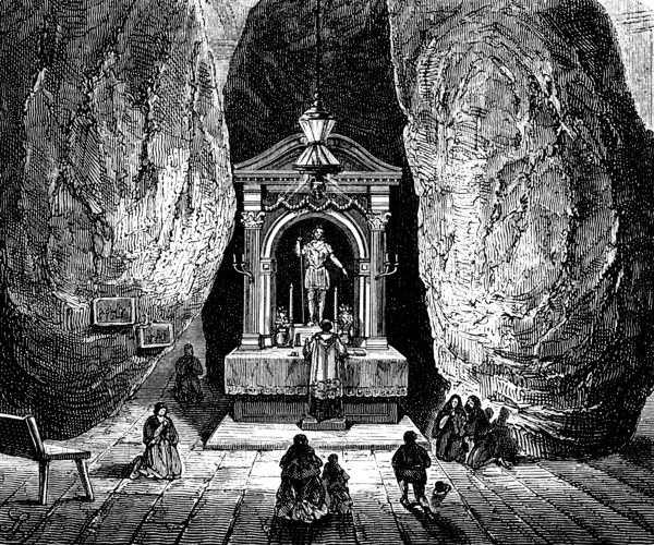 Dolmen of St Michael near Bilbao, province of Biscay, cave, rock chamber, altar, statue, light,