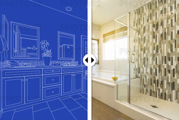 Before and after slider comparing blueprint sketch drawing plans and completed custom master