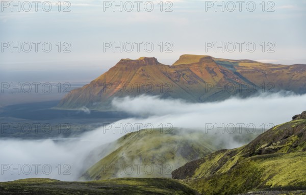 Fog between mountains, moss-covered volcanic mountain landscape, at sunset, Pakgil, Iceland, Europe