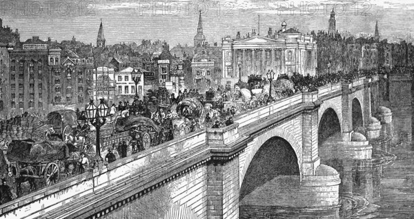 The stone London Bridge leads across the Thames to the City of London, crowds of people,