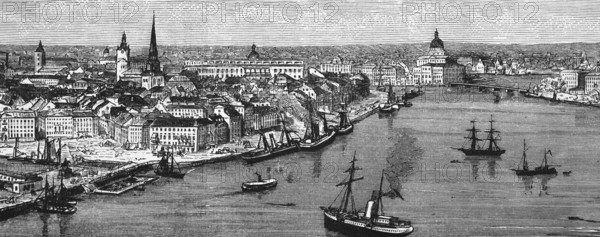 Cityscape of the Swedish capital Stockholm with harbour facilities, waterfront promenade, quay,