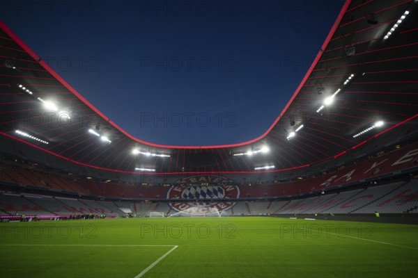 Stadium, empty, interior, illuminated, blue hour, Allianz Arena, Munich, Bavaria, Germany, Europe