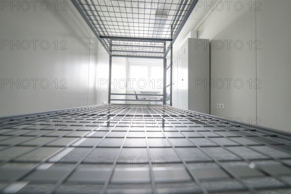 A view of a metal bunk bed in a functional, bright room, Beermiß refugee accommodation, Calmbach,