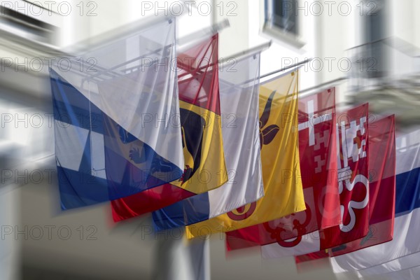 Symbolic photo cantonal flags Zurich, Bern, Lucerne, Uri, Schwyz, Nidwalden, Glarus, Zug,