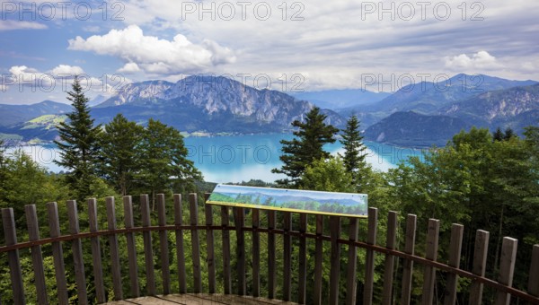 Hollerberg viewing platform on the Hochplettspitz, Attersee with Höllengebirge, Salzkammergut,