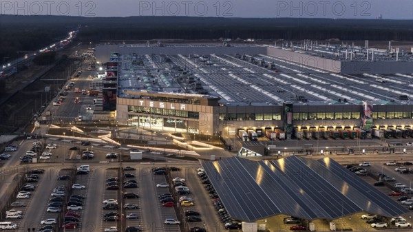 The Tesla Gigafactory at the blue hour, Grünheide, 07.03.2025, Grünheide, Brandenburg, Germany,