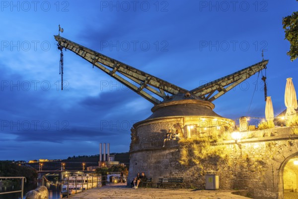 The Alter Kranen on the banks of the Main at dusk, Würzburg, Bavaria, Germany, Europe