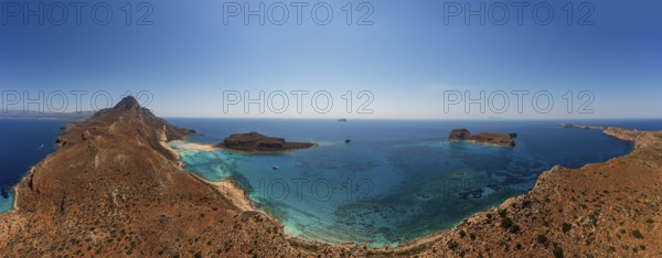 Drone shot, Gramvousa peninsula with view to the beach and bay of Balos, Kolimbari, West Crete,