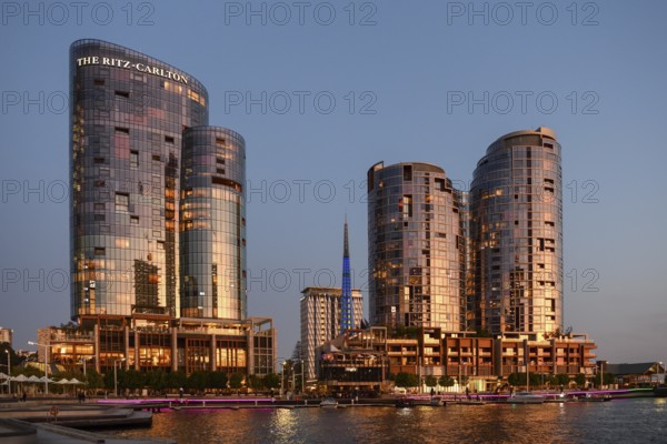 Skyline at Elisabeth Quay, blue hour, blue hour, harbour, Perth, State of Western Australia,