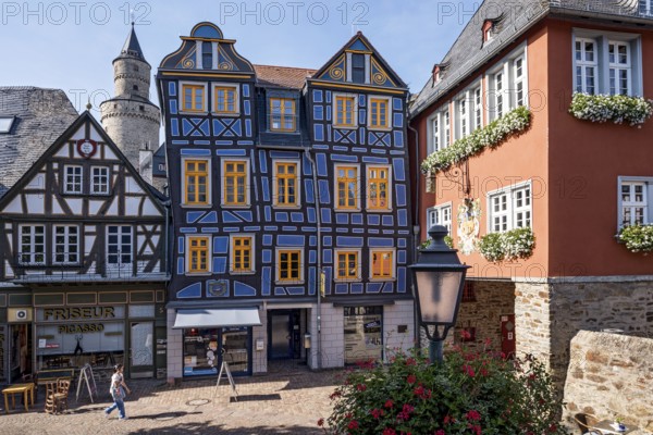 The leaning house, half-timbered house, colourfully painted, witches' tower, town hall, King Adolf