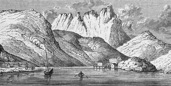 Small fishing settlement on the Lofoten Islands, buildings, huts, rowing boat, sailing boat, calm
