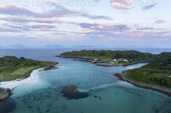 Coast of Skrova island and view of surrounding islands, sandy beaches with turquoise water,