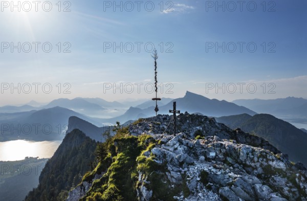 Drone shot, summit cross on the Schober with a view of the Schafberg, Osterhorn group,