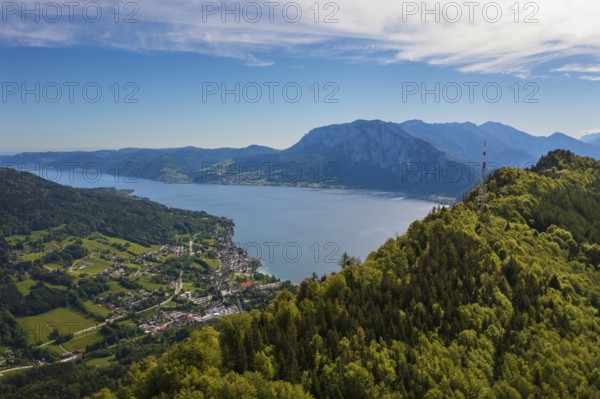 Drone shot, view from the Eisenaualm to Unterach and Attersee, Osterhorn group, Salzkammergut,