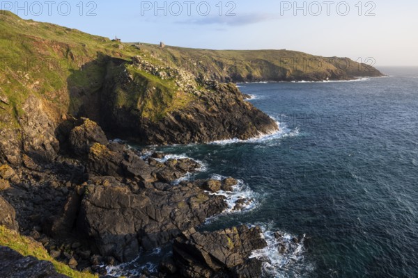 Coastal landscape at Botallack Mine, also known as Crown Mine. The ruins of Wheel Edward in the