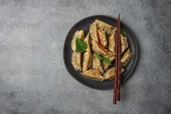 Japanese fried dumplings, gyoza, sesame seeds, top view, no people