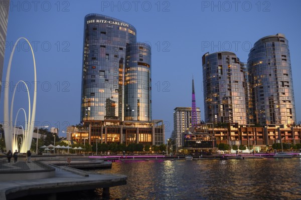 Skyline at Elisabeth Quay, blue hour, blue hour, harbour, Perth, State of Western Australia,