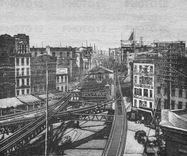 Tracks of the elevated railway in New York, technology, shops, city centre, electricity pylons,