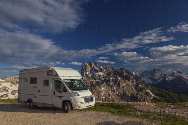 Camper paring at 2300 m sea level. Cadin mountain and surrounding area of the Tre Cime di Lavaredo