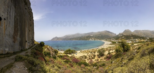 View from the Sarella peninsula to the bay and beach of Plakias, south coast, Crete, Greece, Europe