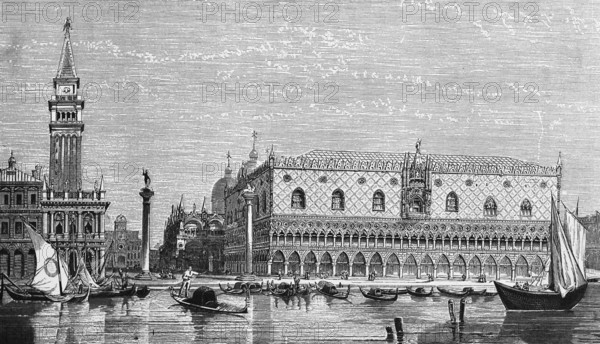 View over the Grand Canal on St Mark's Tower, St Mark's Church and Doge's Palace, Monolithic Column
