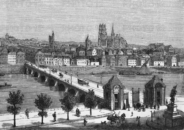 City view of Orleans on the Loire, cathedral, bridge, horse-drawn carriage, promenade, ships,