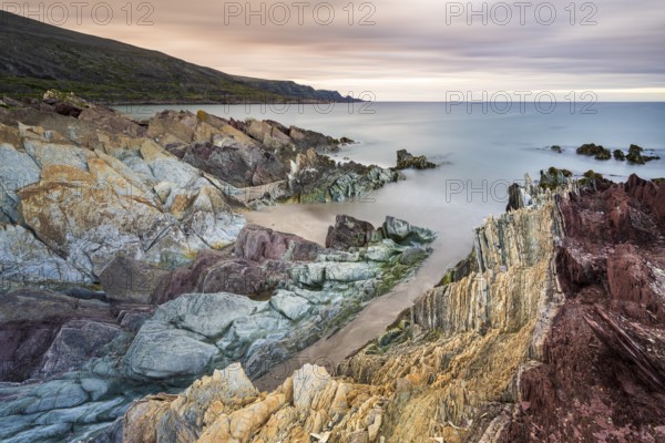 Colourful rocks on the coast, Varanger, Barents Sea, Finnmark, Norway, Europe
