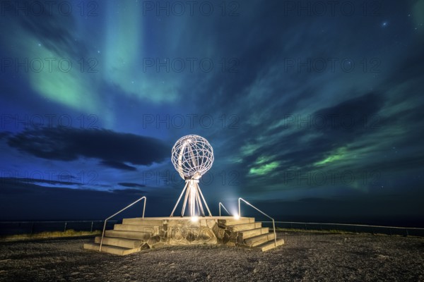 Northern Lights at the North Cape with steel globe, Nordkapp, Finnmark, Norway, Europe