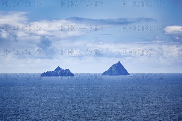 Two rocky islands in the sea, Skellig Michael and Little Skellig, panoramic road Skellig Ring,