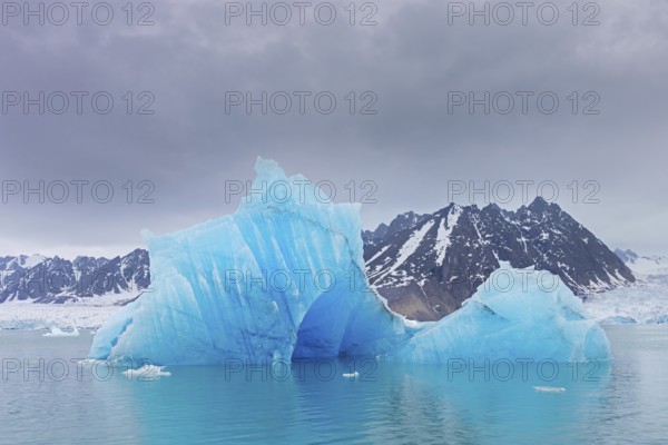 Iceberg, ice floe from calving Monacobreen glacier floating in the Liefdefjorden, fjord in Haakon
