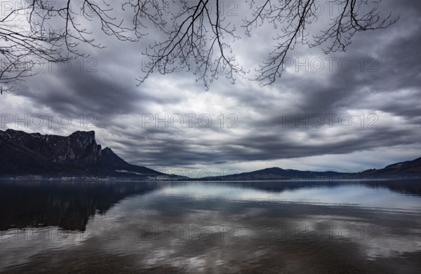 Gloomy clouds in autumn at Lake Mondsee, Salzkammergut, Upper Austria, Austria, Europe
