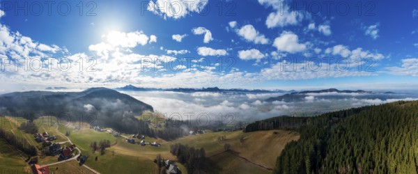 Drone shot, panoramic view over the Mondseeland in the morning fog, Mondsee, Salzkammergut, Upper
