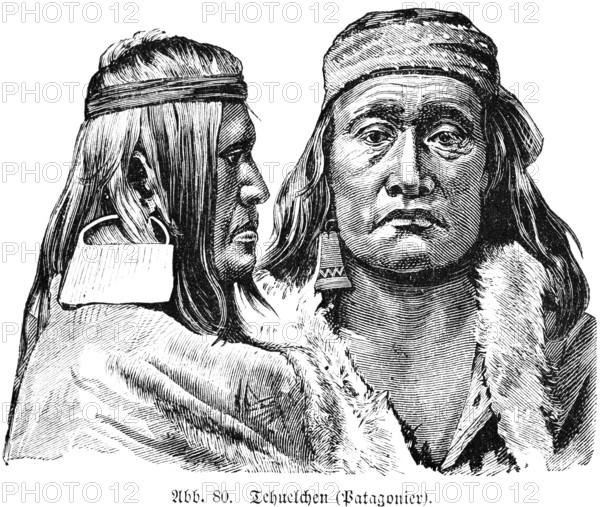 Man and woman of the indigenous Indian tribe of the Tehuelche or Tewelche, Patagonia, portrait in