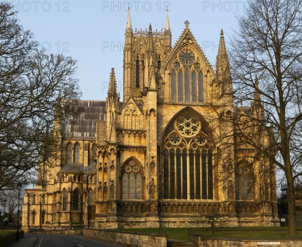 East frontage Lincoln cathedral church winter morning light, city of Lincoln, Lincolnshire,