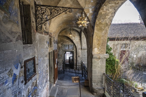 Ribbed vault, facade painting, blacksmith's art in the historic Meersburg Castle, museum, sight,