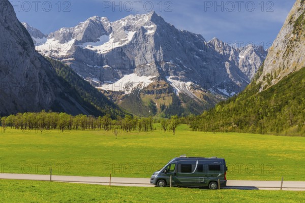Camper van, Nature conservancy area Grosser Ahornboden. Sycamore maple trees, Acer pseudoplatanus,