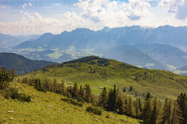 Alpbichlalm with views of the Lammertal and Tennengebirge mountains, Osterhorn group,