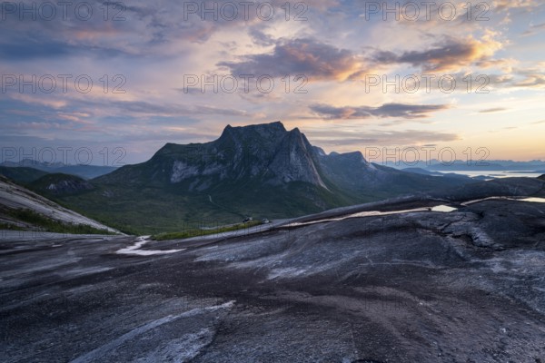 Mountains at the Efjord at sunset, Mount Stortinden, near Narvik, Tysfjord, Ofoten, Norway, Europe