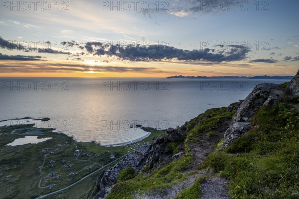 View of the coast and mountains from Mount Hoven, Gimsoy, Lofoten, Norway, Europe