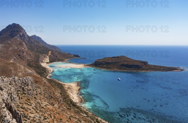 Drone shot, Gramvousa peninsula with view to the beach and bay of Balos, Kolimbari, West Crete,