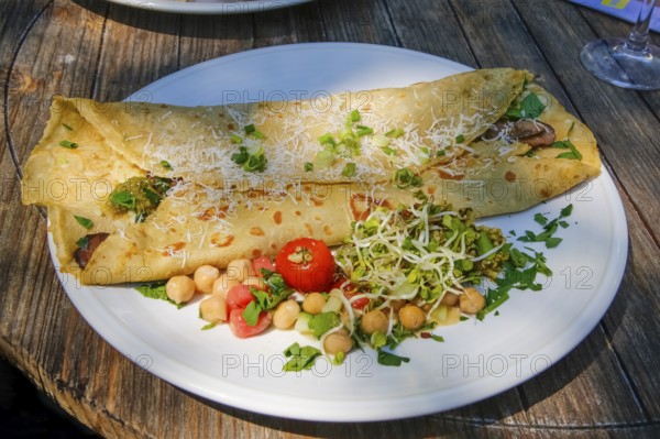 Swabian cuisine, stuffed pancake, vegetarian, mushrooms, cheese, vegetables, chickpeas, sprouts,