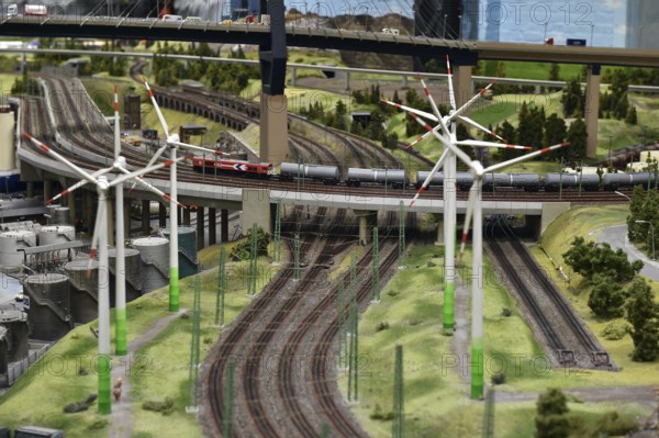 Köhlbrand Bridge, railway landscape in Miniatur Wunderland Hamburg, Germany, Europe