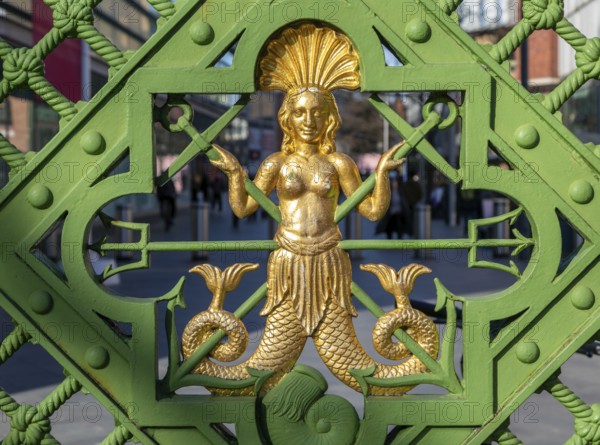 Melusine, twin-tailed mermaid, Pooley Gates, Paradise Street, Liverpool One, Liverpool city centre,