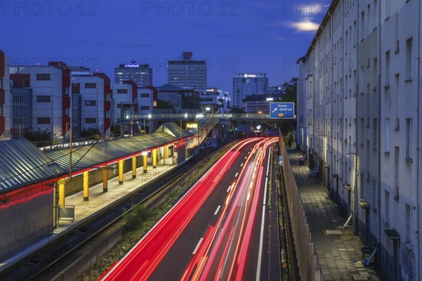 Essen, North Rhine-Westphalia, Germany, A40 motorway in the city centre at dusk. Deserted