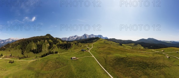 Drone shot, Hochalm, Loferer Alm with view to the Loferer Steinberge, Lofer, Pinzgau, Salzburg