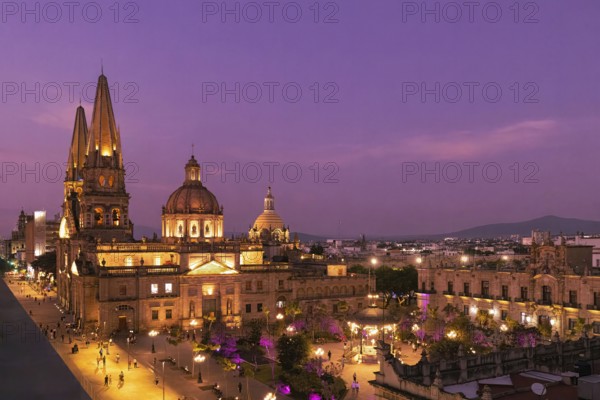 Mexico, Central Guadalajara Cathedral panoramic view in historic center Plaza de Armas, Central