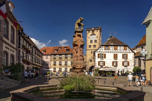 Market fountain in front of the town hall and the butcher's tower in Ribeauville, Alsace, France,