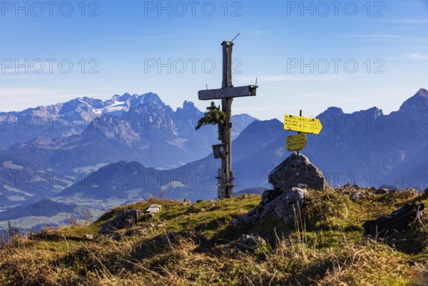 Old summit cross on the Schwarzer Berg with a view of the Dachstein massif, Golling,
