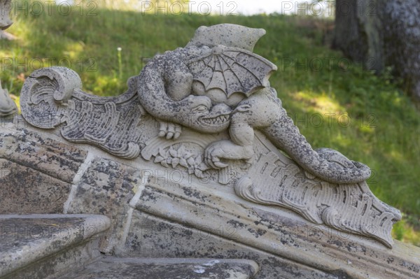 Dragon figure at the cascade in the castle park of Seehof Castle, Memmelsdorf near Bamberg,